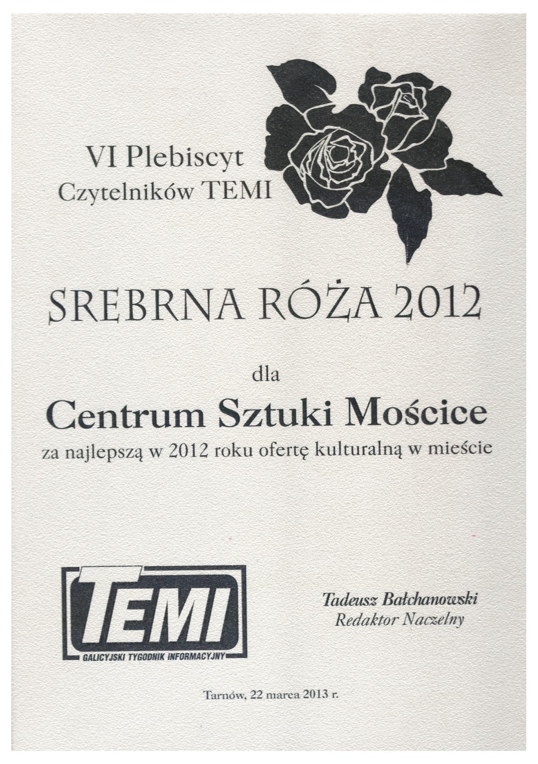 Srebrna Róża TEMI za najlepszą w 2012 roku ofertę kulturalną w mieście