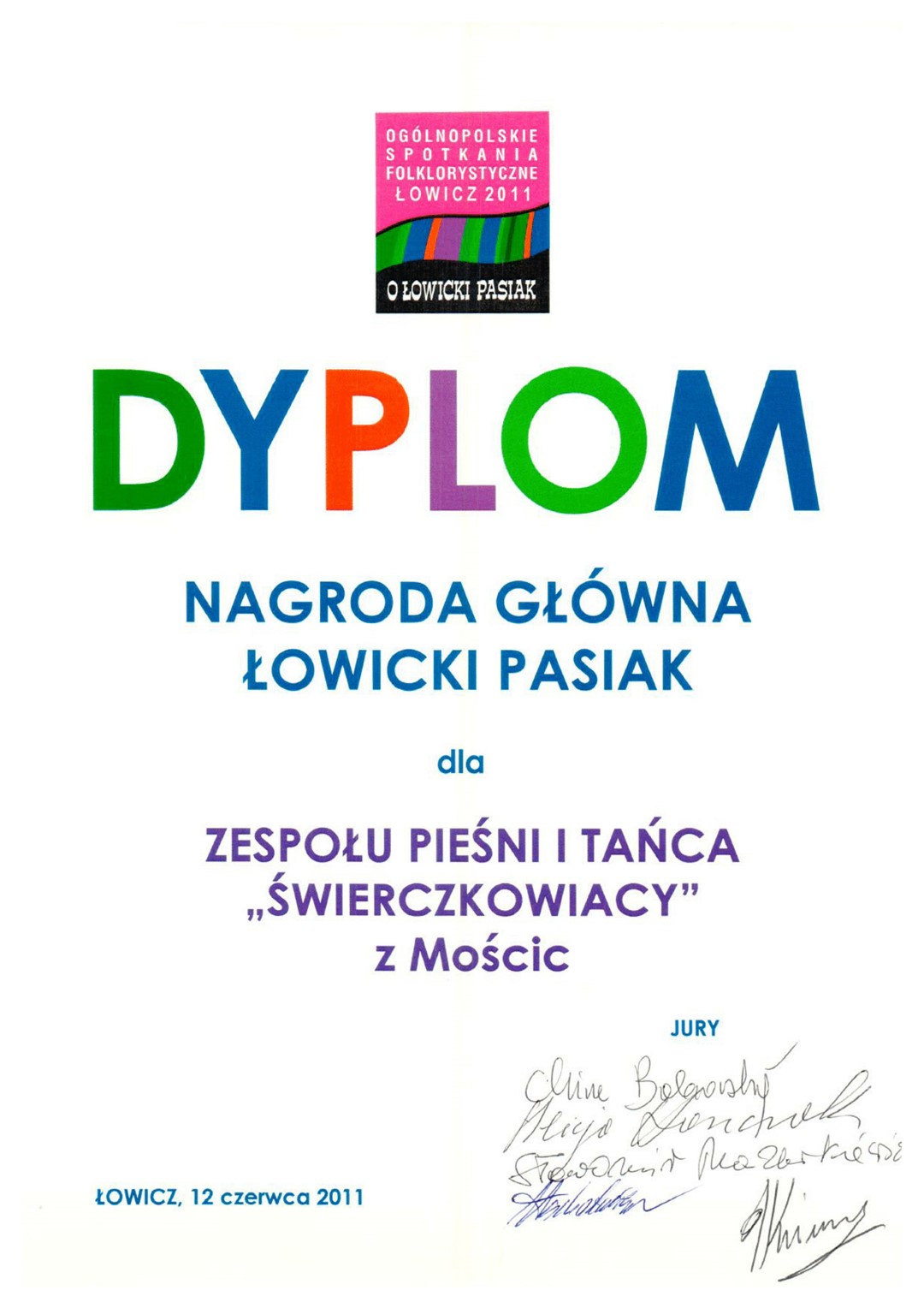 Nagroda Główna dla ZPiT Świerczkowiacy. Łowicki Pasiak. Ogólnopolskie Spotkania